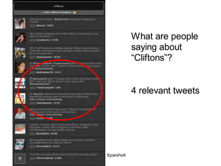 What are people
                  saying about
                  “Cliftons”?


                  4 relevant tweets




Chr...