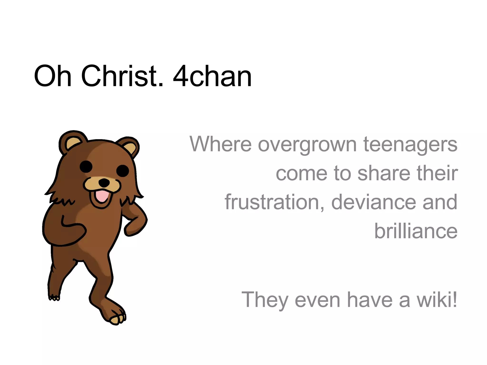 Oh Christ. 4chan Where overgrown teenagers come to share their frustration, deviance and brilliance They even have a wiki! 