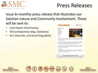 Press Releases
Issue bi-monthly press release that illustrates our
Solution nature and Community Involvement. These
will be sent to:
• Local Papers (Community)
• TED and Speciliaty Mag. (Solutions)
• 417, Show Me, and Social Mag (Both)
 
