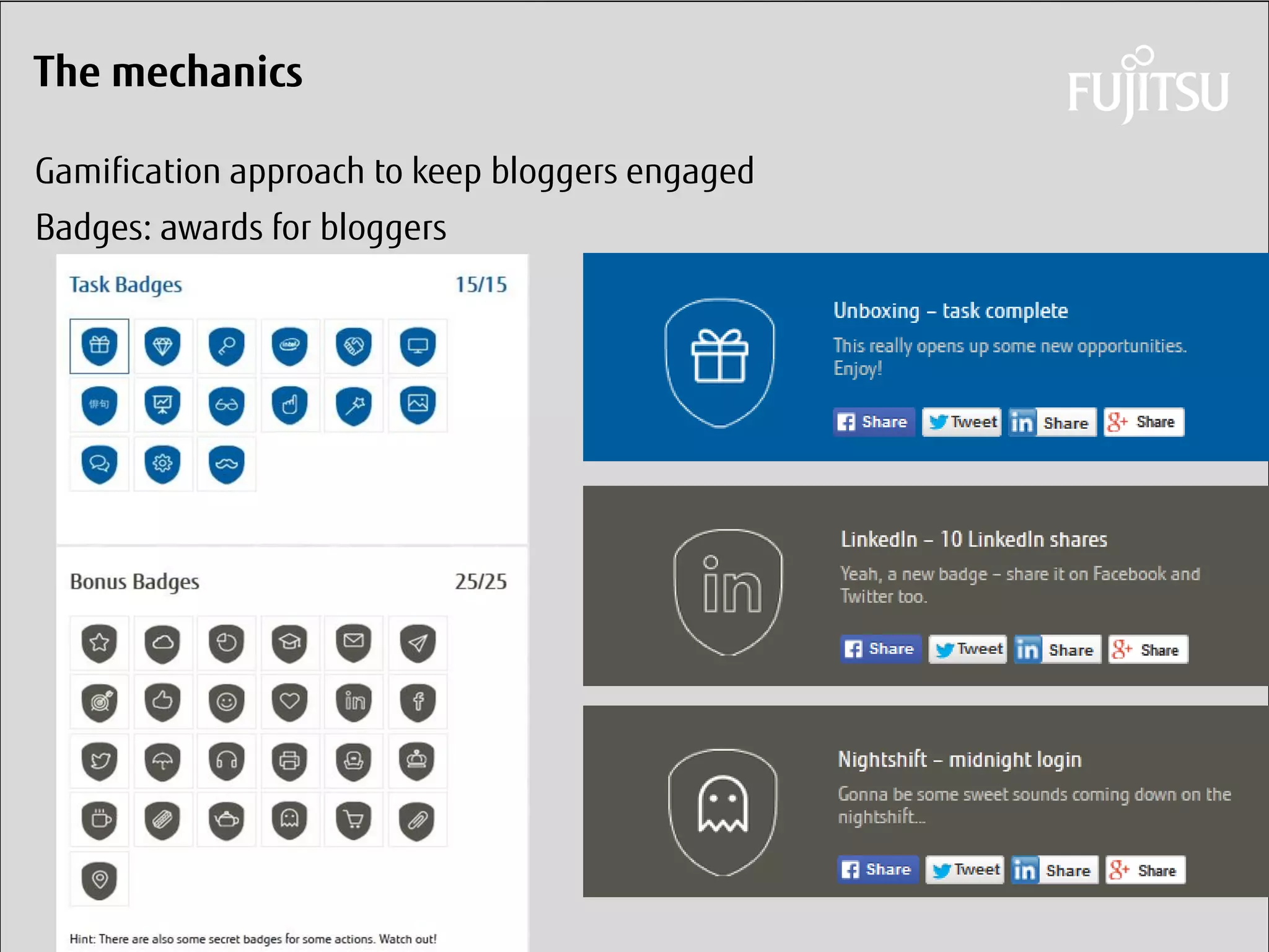 Daniel Klaus 
The mechanics 
Gamification approach to keep bloggers engaged 
Badges: awards for bloggers 
 