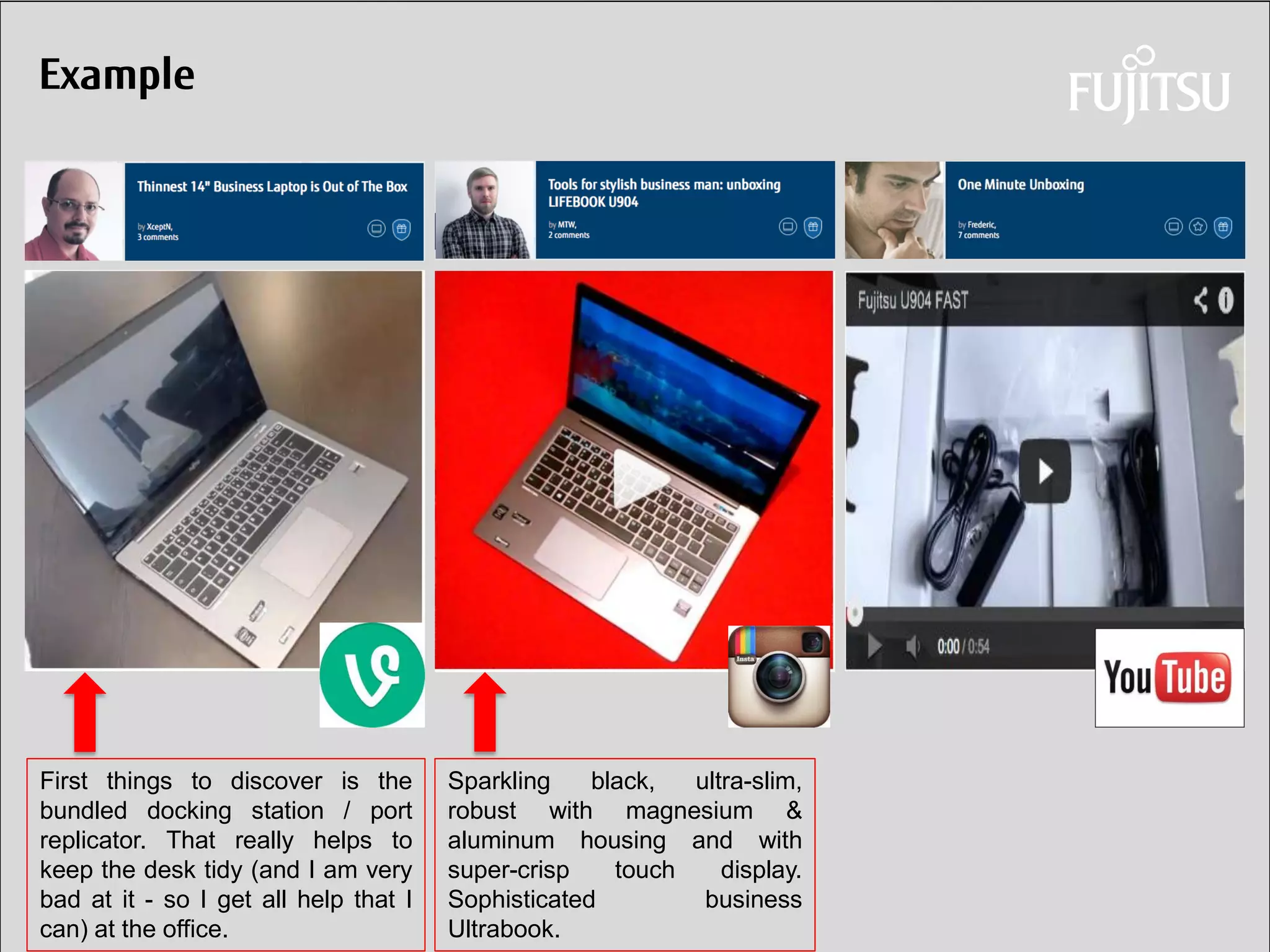 Daniel Klaus 
Example 
Sparkling black, ultra-slim, robust with magnesium & aluminum housing and with super-crisp touch display. Sophisticated business Ultrabook. 
First things to discover is the bundled docking station / port replicator. That really helps to keep the desk tidy (and I am very bad at it - so I get all help that I can) at the office.  