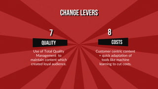 Change Levers
QuALITY Costs
Use of Total Quality
Management to
maintain content which
created loyal audience.
7 8
Customer centric content
+ quick adaptation of
tools like machine
learning to cut costs.
 