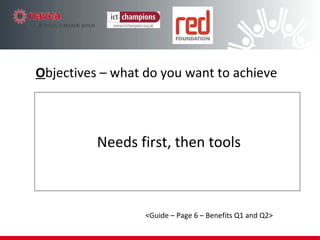 Needs first, then tools O bjectives – what do you want to achieve <Guide – Page 6 – Benefits Q1 and Q2> 