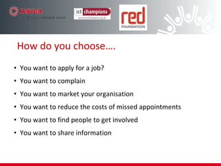 How do you choose…. You want to apply for a job? You want to complain You want to market your organisation You want to reduce the costs of missed appointments You want to find people to get involved You want to share information 