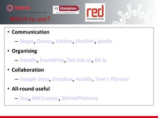 Productivity/Support Communications Using Social Media Tools to help your organisation get it’s message to a wider audience. Start conversations with your supporters and your networks More efficient – electronic messages get passed around social networking sites Less costly to post a message on Twitter or Facebook  Instant news and information updates to your followers Use RSS and Google Alerts to stay ahead of developments in your area of interest 
