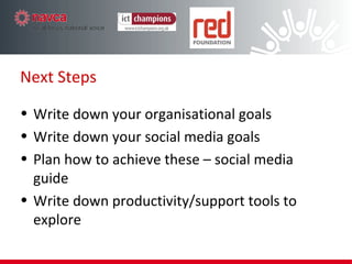 Generate on-line conversations and awareness about the  (Change) organisation or campaign, a consensus of    opinion or shared learning about ideas Joins together communities who are interested in the  (Action) similar things, have the same likes or are    striving for the same objectives.  Commoncraft Video  explaining Social Media What social media will do 
