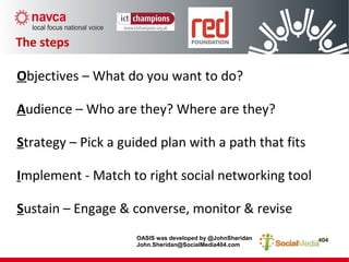 The steps
Objectives – What do you want to do?
Audience – Who are they? Where are they?
Strategy – Pick a guided plan with a path that fits
Implement - Match to right social networking tool
Sustain – Engage & converse, monitor & revise
OASIS was developed by @JohnSheridan
John.Sheridan@SocialMedia404.com
 