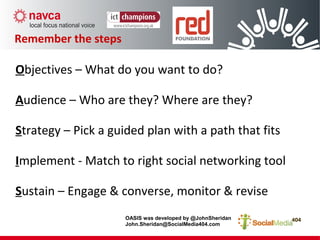 Remember the steps
Objectives – What do you want to do?
Audience – Who are they? Where are they?
Strategy – Pick a guided plan with a path that fits
Implement - Match to right social networking tool
Sustain – Engage & converse, monitor & revise
OASIS was developed by @JohnSheridan
John.Sheridan@SocialMedia404.com
 