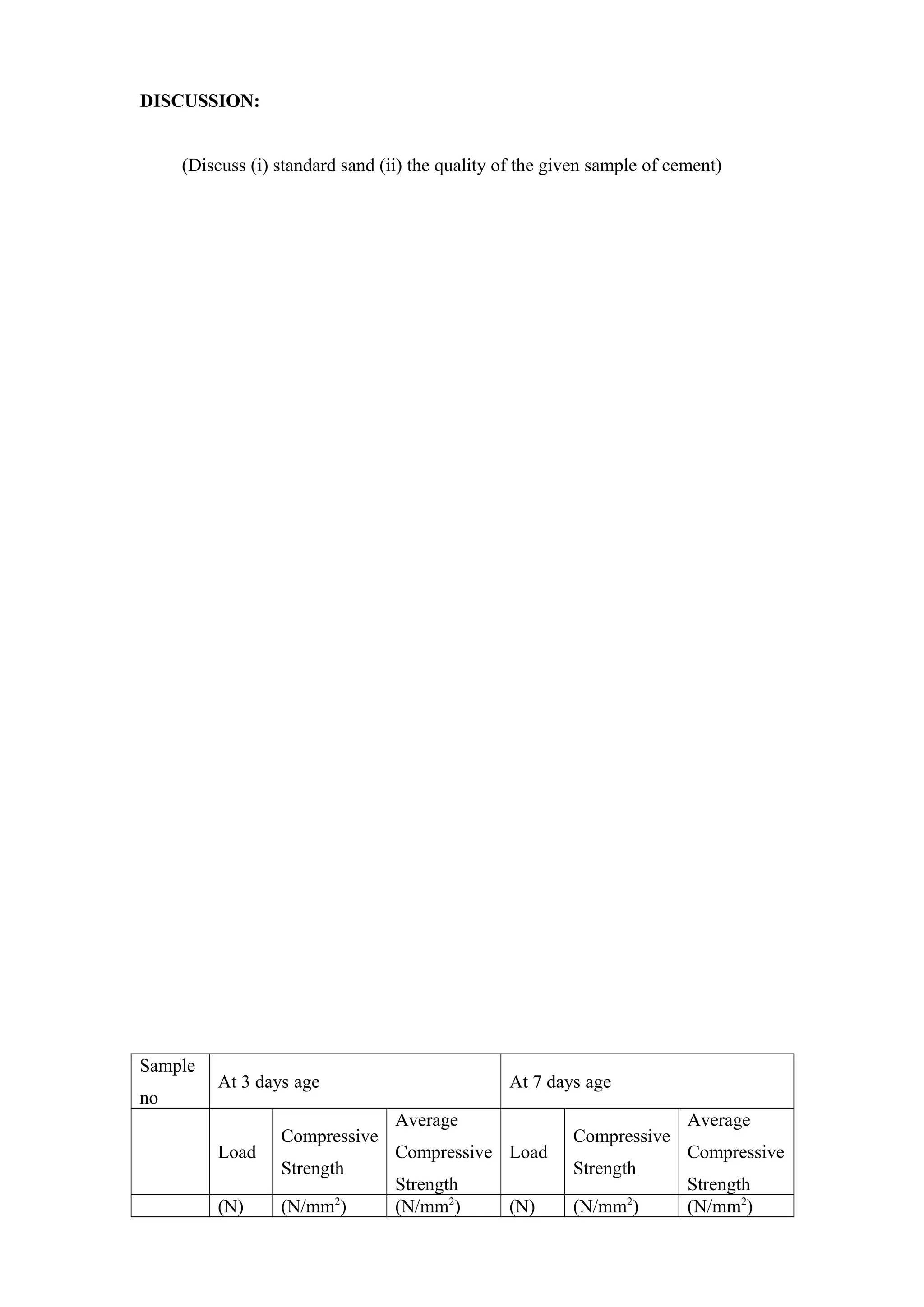 DISCUSSION:
(Discuss (i) standard sand (ii) the quality of the given sample of cement)
Sample
no
At 3 days age At 7 days age
Load
Compressive
Strength
Average
Compressive
Strength
Load
Compressive
Strength
Average
Compressive
Strength
(N) (N/mm2
) (N/mm2
) (N) (N/mm2
) (N/mm2
)
 