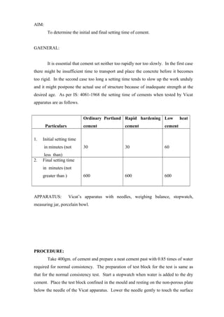 AIM:
To determine the initial and final setting time of cement.
GAENERAL:
It is essential that cement set neither too rapidly nor too slowly. In the first case
there might be insufficient time to transport and place the concrete before it becomes
too rigid. In the second case too long a setting time tends to slow up the work unduly
and it might postpone the actual use of structure because of inadequate strength at the
desired age. As per IS: 4081-1968 the setting time of cements when tested by Vicat
apparatus are as follows.
Particulars
Ordinary Portland
cement
Rapid hardening
cement
Low heat
cement
1. Initial setting time
in minutes (not
less than)
30 30 60
2. Final setting time
in minutes (not
greater than ) 600 600 600
APPARATUS: Vicat’s apparatus with needles, weighing balance, stopwatch,
measuring jar, porcelain bowl.
PROCEDURE:
Take 400gm. of cement and prepare a neat cement past with 0.85 times of water
required for normal consistency. The preparation of test block for the test is same as
that for the normal consistency test. Start a stopwatch when water is added to the dry
cement. Place the test block confined in the mould and resting on the non-porous plate
below the needle of the Vicat apparatus. Lower the needle gently to touch the surface
 