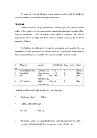 To study the Lucknik hardness testing machine and to find the Rockwell
hardness number of the materials of the given specimens.
GENERAL:
The test consists in forcing an indenter of standard type (cone or ball) into the
surface of the test piece in two operations and measuring the permanent increase of the
depth of indentation “e” of this indenter under specified conditions. The unit of
measurement of “e” is 0.002 mm from which a number known as the Rockwell
hardness is deduced.
The load and the indenter to be used for a particular test is decided from an
approximate relative hardness of the different materials. In general for hard materials
diamond cone indenter is used and for soft materials steel ball indenter is used.
Sl
no
Material Indenter Total load Scale symbol Scale
1 Very hard and thin Diamond cone 60 A Black
2 Very hard Diamond cone 150 B Black
3 Soft Steel ball
1.5875mm.dia.
100 B Red
4 Soft and thin Steel ball
1.5875mm.dia
60 F Red
Usually C and B are used. HRC;used for very hard materials.
F0 =Preliminary load = 10 kgf
F1 =Additional load 140 Kgf.
F1 = F0 + F1 =150 kgf
e = Permanent increase of depth of indentation under the preliminary load after
removal of additional load. This is expressed in units of 0.002 mm
 