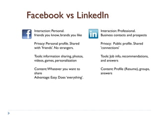 Facebook vs LinkedIn
 Interaction: Personal.                Interaction: Professional.
 friends you know, brands you like     Business contacts and prospects

 Privacy: Personal profile. Shared     Privacy: Public profile. Shared
 with 'friends'. No strangers.         'connections'

 Tools: information sharing, photos,   Tools: Job info, recommendations,
 videos, games, personalization        and answers

 Content: Whatever you want to         Content: Profile (Resume), groups,
 share                                 answers
 Advantage: Easy. Does ‘everything’.
 