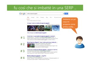 # 1
# 2
# 3
# 4
Vediamo un po’
cosa mi
propone come
prima scelta ..
fu così che si imbattè in una SERP ..fu così che si imbattè in una SERP ..
 