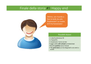 Ottimo, son riuscito a
fare le bolle da solo
finalmente!! La ricetta
di FJ ha funzionato!
Possibili Azioni
•1 Like/Condivisione FB
•1 Tweet/Pin
•1 bookmark / torno sul sito
•Leggo subito altri articoli correlati/citati
•Ricordo positivo verso il brand
•*Ne parlo bene sul mio blog/wall e con amici a
scuola
Finale della storia #1: Happy endFinale della storia #1: Happy end
 