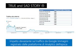 TRUE and SAD STORYTRUE and SAD STORY
Impatto devastante sul traffico da Google Immagini
registrato dalle piattaforme di Analytics dell’epoca
Impatto devastante sul traffico da Google Immagini
registrato dalle piattaforme di Analytics dell’epoca
 