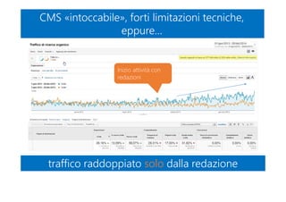 CMS «intoccabile», forti limitazioni tecniche,
eppure…
CMS «intoccabile», forti limitazioni tecniche,
eppure…
traffico raddoppiato solo dalla redazionetraffico raddoppiato solo dalla redazione
Inizio attività con
redazioni
 