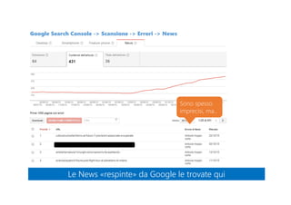 Google Search Console -> Scansione -> Errori -> News
Sono spesso
imprecisi, ma..
Le News «respinte» da Google le trovate quiLe News «respinte» da Google le trovate qui
 