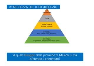 A quale bisogno della piramide di Maslow si sta
riferendo il contenuto?
A quale bisogno della piramide di Maslow si sta
riferendo il contenuto?
Auto
Realizzazione
STIMA
APPARTENENZA
amicizia, intimità…
SICUREZZA
fisica, salute, lavoro, familiare…
FISIOLOGIA
respirazione, alimentazione, sesso, sonno…
#1 NITIDEZZA DEL TOPIC/BISOGNO#1 NITIDEZZA DEL TOPIC/BISOGNO
 