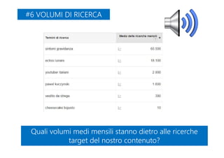 #6 VOLUMI DI RICERCA#6 VOLUMI DI RICERCA
Quali volumi medi mensili stanno dietro alle ricerche
target del nostro contenuto?
Quali volumi medi mensili stanno dietro alle ricerche
target del nostro contenuto?
 