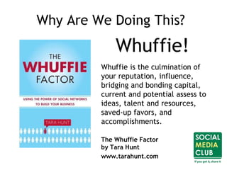 Why Are We Doing This?
Whuffie!
Whuffie is the culmination of
your reputation, influence,
bridging and bonding capital,
current and potential assess to
ideas, talent and resources,
saved-up favors, and
accomplishments.
The Whuffie Factor
by Tara Hunt
www.tarahunt.com
 