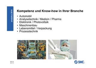 SMC-DE
20.03.14
analytica2014 Kompetenz und Know-how in Ihrer Branche
• Automobil
• Analysetechnik / Medizin / Pharma
• Elektronik / Photovoltaik
• Maschinenbau
• Lebensmittel / Verpackung
• Prozesstechnik
 