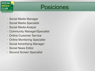 Posiciones
•   Social Media Manager
•   Social Media Specialist
•   Social Media Analyst
•   Community Manager/Specialist
•   Online Customer Service
•   Online Monitoring Specialist
•   Social Advertising Manager
•   Social News Editor
•   Second Screen Specialist
 