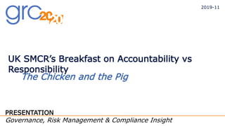 PRESENTATION
Governance, Risk Management & Compliance Insight
UK SMCR’s Breakfast on Accountability vs
Responsibility
The ...