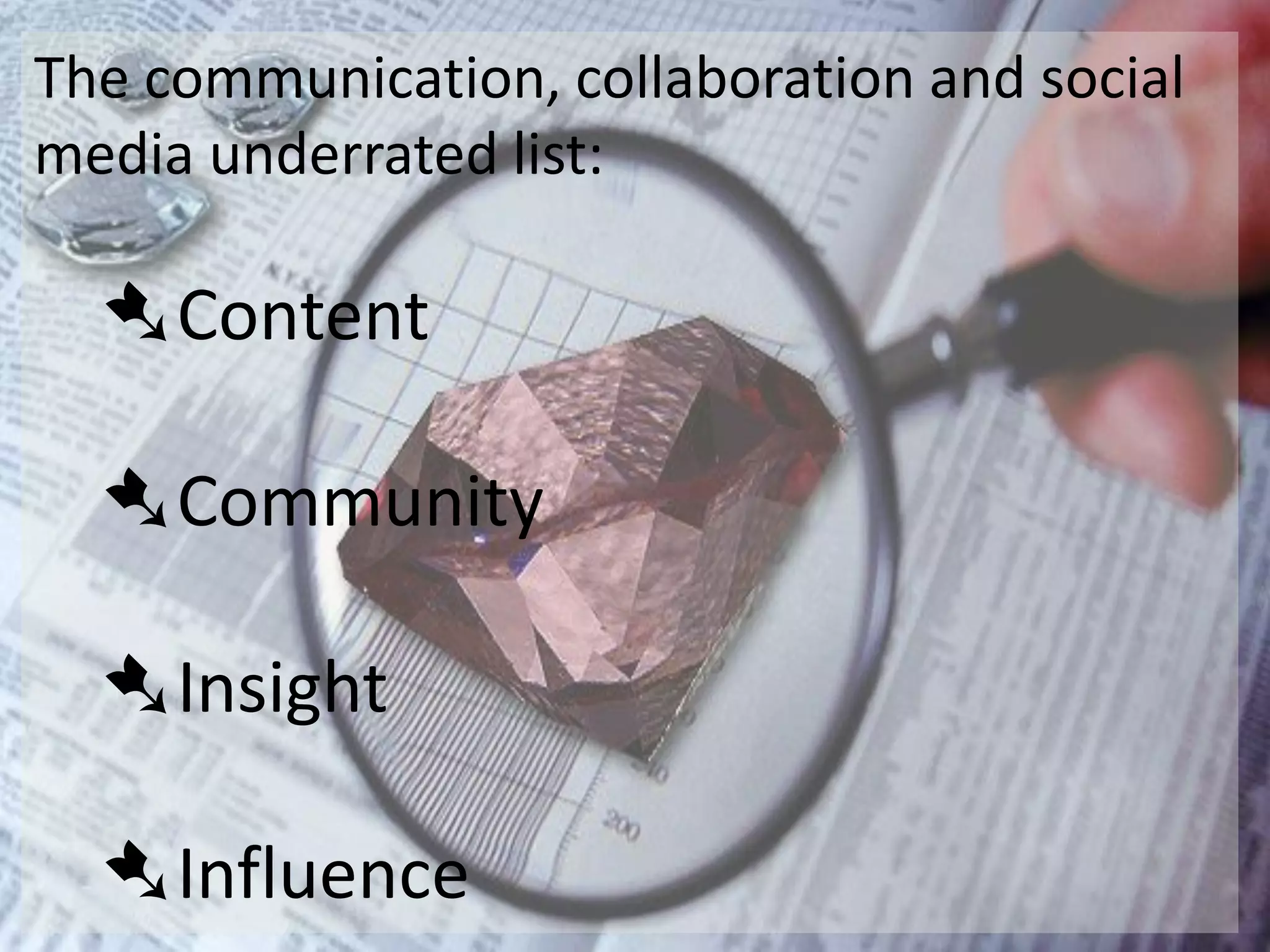 The communication, collaboration and social
media underrated list:

  ➷Content

  ➷Community

  ➷Insight

  ➷Influence
 