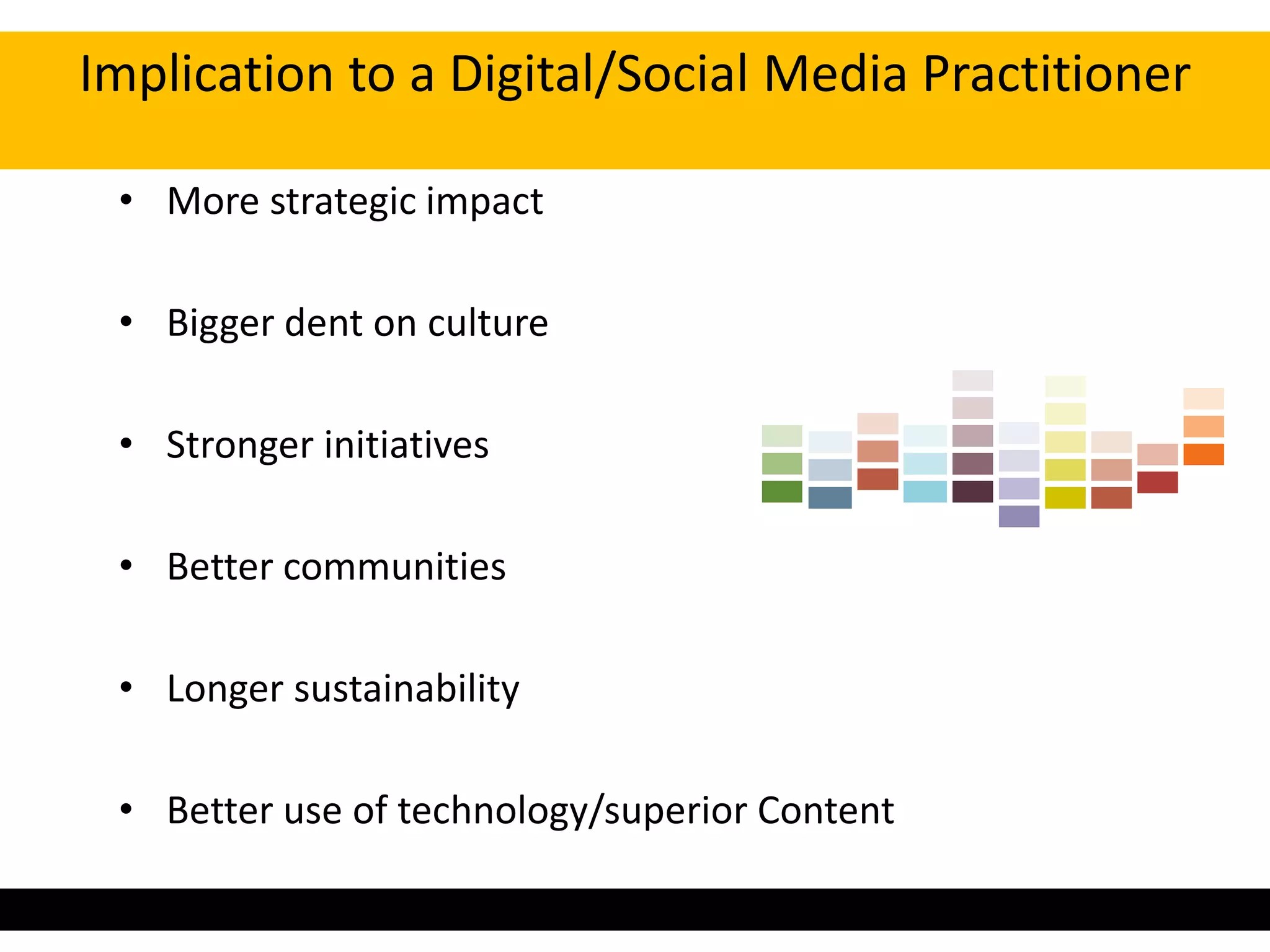 Implication to a to
   Implications Digital/Social Media Practitioner

 • More strategic impact

 • Bigger dent on culture

 • Stronger initiatives

 • Better communities

 • Longer sustainability

 • Better use of technology/superior Content
 