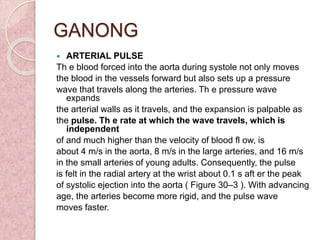 GANONG
 ARTERIAL PULSE
Th e blood forced into the aorta during systole not only moves
the blood in the vessels forward but also sets up a pressure
wave that travels along the arteries. Th e pressure wave
expands
the arterial walls as it travels, and the expansion is palpable as
the pulse. Th e rate at which the wave travels, which is
independent
of and much higher than the velocity of blood fl ow, is
about 4 m/s in the aorta, 8 m/s in the large arteries, and 16 m/s
in the small arteries of young adults. Consequently, the pulse
is felt in the radial artery at the wrist about 0.1 s aft er the peak
of systolic ejection into the aorta ( Figure 30–3 ). With advancing
age, the arteries become more rigid, and the pulse wave
moves faster.
 