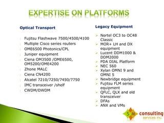 Optical Transport 
 Fujitsu Flashwave 7500/4500/4100 
 Multiple Cisco series routers 
 OME6500 Photonics/CPL 
 Juniper equipment 
 Ciena OM3500 /OME6500, 
OM5200/OME4200 
 Zhone MALC 
 Ciena CN4200 
 Alcatel 7210/7250/7450/7750 
 IMC transceiver /shelf 
 CWDM/DWDM 
Legacy Equipment 
 Nortel OC3 to OC48 
Classic 
 MOR+ LH and DX 
equipment 
 Lucent DDM1000 & 
DDM2000 
 PDA DIAL Platform 
 NEC 560 
 Xylan OMNI 9 and 
OMNI 5 
 Newbridge equipment 
 Fujitsu FLM series 
equipment 
 QFLC, QLX and old 
transceiver 
 DFAs 
 ANX and VMs 
 