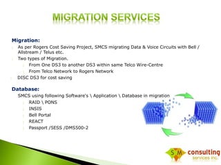 Migration: 
 As per Rogers Cost Saving Project, SMCS migrating Data & Voice Circuits with Bell / 
Allstream / Telus etc. 
 Two types of Migration. 
 From One DS3 to another DS3 within same Telco Wire-Centre 
 From Telco Network to Rogers Network 
 DISC DS3 for cost saving 
Database: 
SMCS using following Software's  Application  Database in migration 
 RAID  PONS 
 INSIS 
 Bell Portal 
 REACT 
 Passport /5ESS /DMS500-2 
 