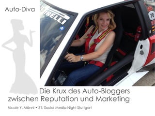 Auto-Diva

Die Krux des Auto-Bloggers
zwischen Reputation und Marketing
Nicole Y. Männl • 31. Social Media Night Stuttgart

 