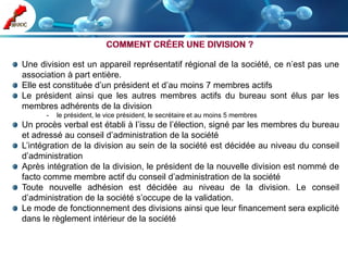 Une division est un appareil représentatif régional de la société, ce n’est pas une
association à part entière.
Elle est constituée d’un président et d’au moins 7 membres actifs
Le président ainsi que les autres membres actifs du bureau sont élus par les
membres adhérents de la division
      -   le président, le vice président, le secrétaire et au moins 5 membres
Un procès verbal est établi à l’issu de l’élection, signé par les membres du bureau
et adressé au conseil d’administration de la société
L’intégration de la division au sein de la société est décidée au niveau du conseil
d’administration
Après intégration de la division, le président de la nouvelle division est nommé de
facto comme membre actif du conseil d’administration de la société
Toute nouvelle adhésion est décidée au niveau de la division. Le conseil
d’administration de la société s’occupe de la validation.
Le mode de fonctionnement des divisions ainsi que leur financement sera explicité
dans le règlement intérieur de la société
 