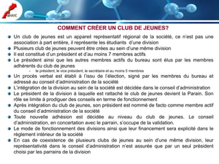 Un club de jeunes est un appareil représentatif régional de la société, ce n’est pas une
association à part entière, il représente les étudiants d’une division
Plusieurs club de jeunes peuvent être crées au sein d’une même division
Il est constitué d’un président et d’au moins 7 membres actifs
Le président ainsi que les autres membres actifs du bureau sont élus par les membres
adhérents du club de jeunes
       -   le président, le vice président, le secrétaire et au moins 5 membres
Un procès verbal est établi à l’issu de l’élection, signé par les membres du bureau et
adressé au conseil d’administration de la société
L’intégration de la division au sein de la société est décidée dans le conseil d’administration
Le président de la division à laquelle est rattaché le club de jeunes devient la Parain. Son
rôle se limite à prodiguer des conseils en terme de fonctionnement
Après intégration du club de jeunes, son président est nommé de facto comme membre actif
du conseil d’administration de la société
Toute nouvelle adhésion est décidée au niveau du club de jeunes. Le conseil
d’administration, en concertation avec le parrain, s’occupe de la validation.
Le mode de fonctionnement des divisions ainsi que leur financement sera explicité dans le
règlement intérieur de la société
En cas de coexistence de plusieurs clubs de jeunes au sein d’une même division, leur
représentativité dans le conseil d’administration n’est assurée que par un seul président
choisi par les parrains de la division
 