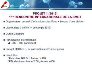 Organisateur: conseil d’animation scientifique + bureau d’une division

Lieu et date à définir (~ printemps 2012)

Durée: 3,5 jours

Participation internationale
  ~300 – 400 participant

Budget (300 kDH), ½ subventions et ½ inscriptions

Inscription:
   Membre: N/2 DH, Autres: N DH
   Etudiant membre: n/2 DH, Autres: n DH
 