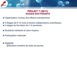 Organisateur: bureau des affaires estudiantines

5 Stages de 6-12 mois à travers collaborations scientifiques
4 stages de formation de 1-2 semaines

Etudiants méritants et sans moyens

Participation nationale


Eligibilité:
  Etudiant membre de clubs de jeunes
 