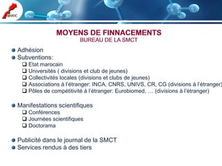 Adhésion
Subventions:
  Etat marocain
  Universités ( divisions et club de jeunes)
  Collectivités locales (divisions et clubs de jeunes)
  Associations à l’étranger: INCA, CNRS, UNIVS, CR, CG (divisions à l’étranger)
  Pôles de compétitivité à l’étranger: Eurobiomed, … (divisions à l’étranger)

Manifestations scientifiques
  Conférences
  Journées scientifiques
  Doctorama

Publicité dans le journal de la SMCT
Services rendus à des tiers
 