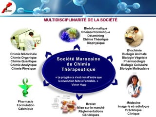 Bioinformatique
                                         Chemoinformatique
                                             Datamining
                                          Chimie Théorique
                                            Biophysique

                                                                   Biochimie
Chimie Médicinale                                              Biologie Animale
Chimie Organique                                               Biologie Végétale
Chimie Quantique
                     Société Marocaine                          Pharmacologie
Chimie Analytique        de Chimie                             Biologie Cellulaire
Chimie Physique        Thérapeutique                          Biologie Moléculaire
                                                                       ….
                    « Le progrès ce n'est rien d'autre que
                       la révolution faite à l'amiable. »
                                  Victor Hugo




     Pharmacie                                                    Médecine
    Formulation                            Brevet
                                     Mise sur le marché      Imagerie et radiologie
     Galénique                                                   Préclinique
                                      Réglementations
                                        Génériques                 Clinique
 