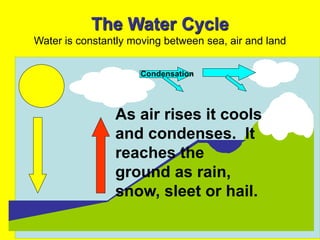 The Water Cycle
Water is constantly moving between sea, air and land
Condensation
As air rises it cools
and condenses. It
reaches the
ground as rain,
snow, sleet or hail.
 