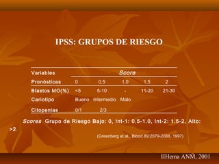 IPSS: GRUPOS DE RIESGO 
Variables Score 
Pronósticas 0 0.5 1.0 1.5 2 
Blastos MO(%) <5 5-10 - 11-20 21-30 
Cariotipo Bueno Intermedio Malo 
Citopenias 0/1 2/3 
Scores Grupo de Riesgo Bajo: 0, Int-1: 0.5-1.0, Int-2: 1.5-2, Alto: 
>2. 
(Greenberg et al., Blood 89:2079-2088, 1997) 
IIHema ANM, 2001 
