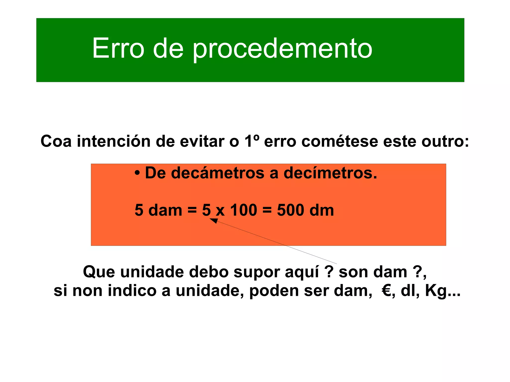 Erro de procedemento


Coa intención de evitar o 1º erro cométese este outro:
           • De decámetros a decímetros.

           5 dam = 5 x 100 = 500 dm


     Que unidade debo supor aquí ? son dam ?,
 si non indico a unidade, poden ser dam, €, dl, Kg...
 