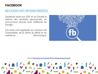Facebook teste aux USA et au Canada la
relance des résultats sponsorisés, en
concurrence directe avec AdWords de
Google.
C...