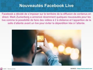 SMD - Mediaventilo SOURCE : https://techcrunch.com/
Nouveautés Facebook Live
Facebook a décidé de s’imposer sur le territo...