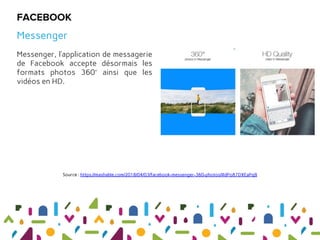 Messenger, l’application de messagerie
de Facebook accepte désormais les
formats photos 360° ainsi que les
vidéos en HD.
M...
