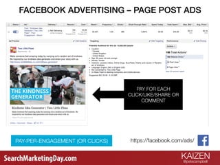 KAIZEN
@petecampbell 
FACEBOOK ADVERTISING – PAGE POST ADS!
PAY-PER-ENGAGEMENT (OR CLICKS)
 https://facebook.com/ads/
PAY ...