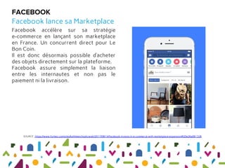 Facebook accélère sur sa stratégie
e-commerce en lançant son marketplace
en France. Un concurrent direct pour Le
Bon Coin....