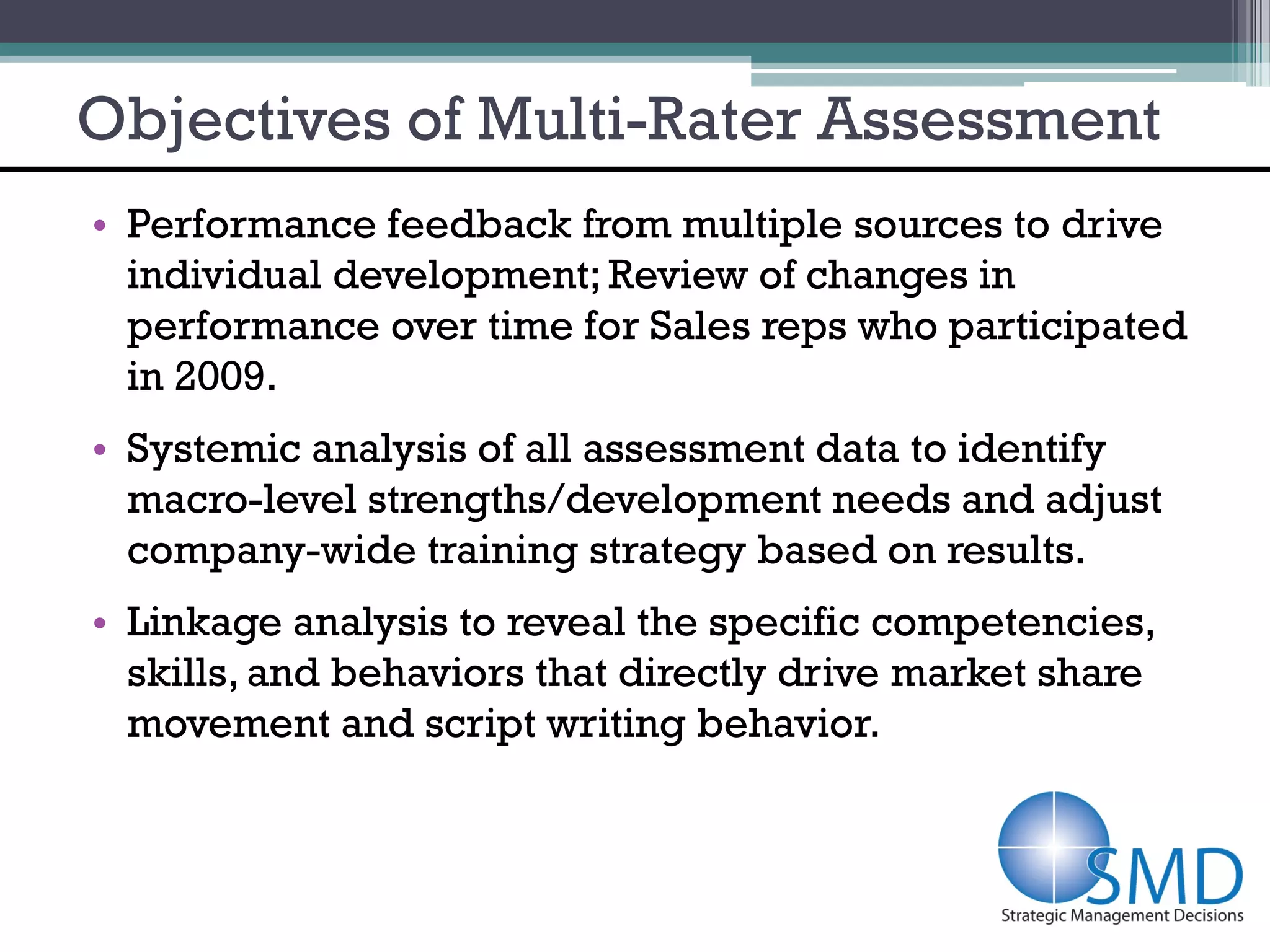 Objectives of Multi-Rater Assessment
• Performance feedback from multiple sources to drive
  individual development; Review of changes in
  performance over time for Sales reps who participated
  in 2009.
• Systemic analysis of all assessment data to identify
  macro-level strengths/development needs and adjust
  company-wide training strategy based on results.
• Linkage analysis to reveal the specific competencies,
  skills, and behaviors that directly drive market share
  movement and script writing behavior.
 