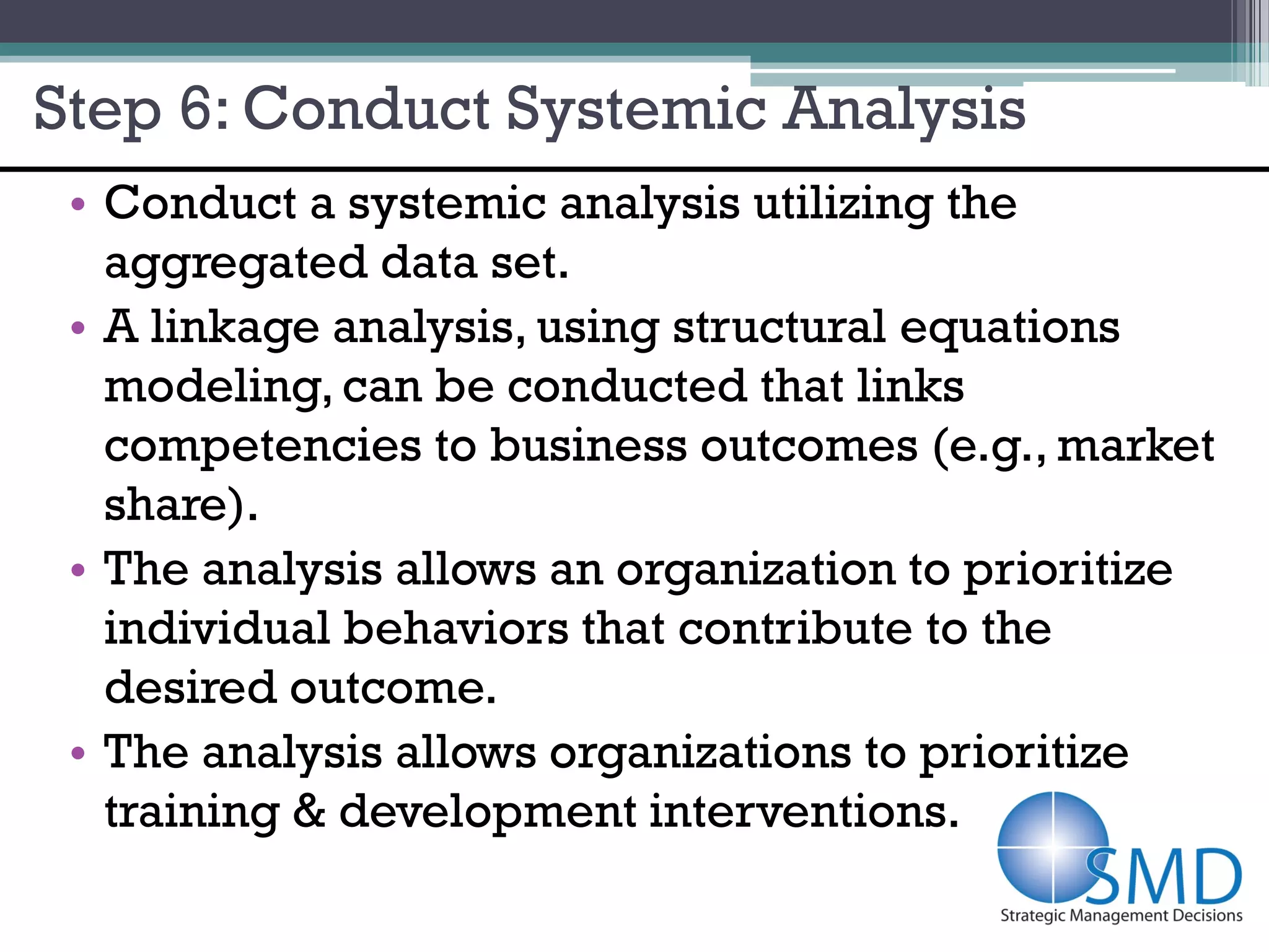 Step 6: Conduct Systemic Analysis
 • Conduct a systemic analysis utilizing the
   aggregated data set.
 • A linkage analysis, using structural equations
   modeling, can be conducted that links
   competencies to business outcomes (e.g., market
   share).
 • The analysis allows an organization to prioritize
   individual behaviors that contribute to the
   desired outcome.
 • The analysis allows organizations to prioritize
   training & development interventions.
 