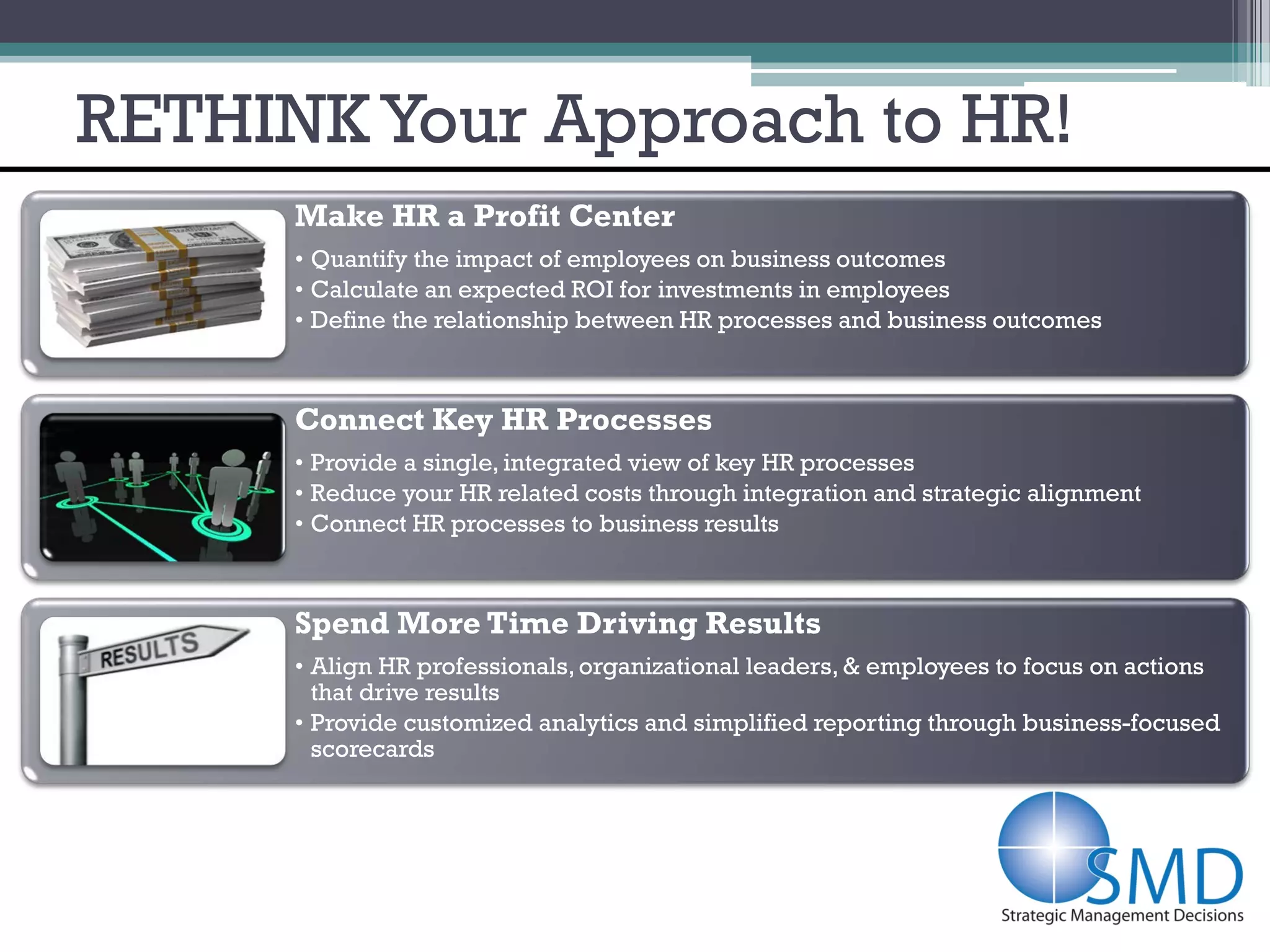 RETHINK Your Approach to HR!
      Make HR a Profit Center
      • Quantify the impact of employees on business outcomes
      • Calculate an expected ROI for investments in employees
      • Define the relationship between HR processes and business outcomes



      Connect Key HR Processes
      • Provide a single, integrated view of key HR processes
      • Reduce your HR related costs through integration and strategic alignment
      • Connect HR processes to business results



      Spend More Time Driving Results
      • Align HR professionals, organizational leaders, & employees to focus on actions
        that drive results
      • Provide customized analytics and simplified reporting through business-focused
        scorecards
 